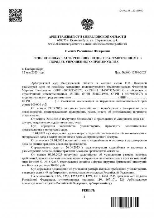 Нарушение исключительных прав на товарные знаки в отношении игрушки Кот Басик